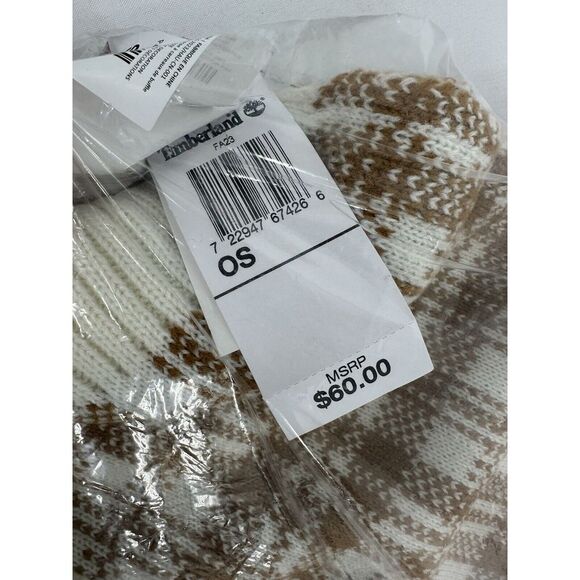 Timberland Buffalo Plaid Scarf Caramel & Cream Knit Tan White One Size NWT $60 - Picture 2 of 3